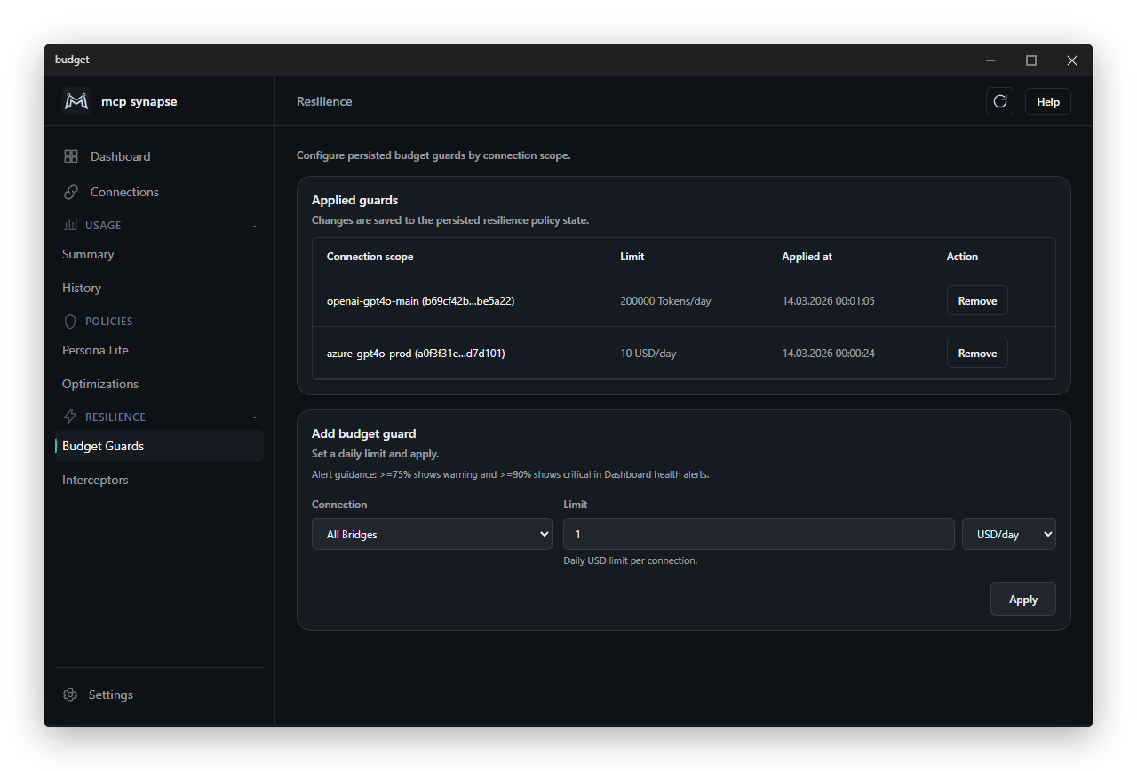 MCP Synapse Budget Guards interface for setting usage limits