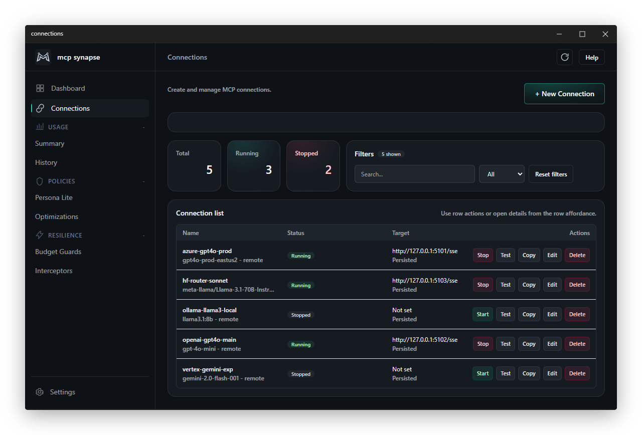 MCP Synapse Connections panel showing provider connections and status