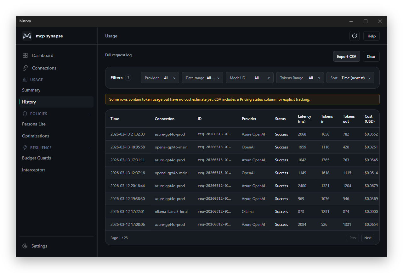 MCP Synapse History view with request-level logging and traceability