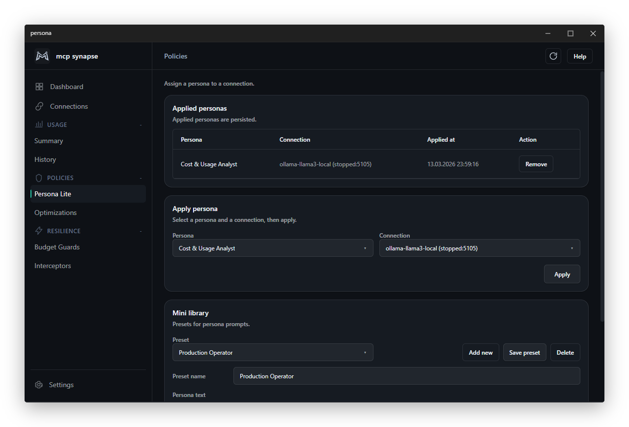 MCP Synapse Persona Lite panel for applying persona controls